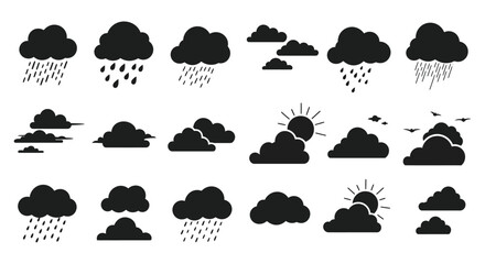 Weather forecast icons set with clouds and sun on white background silhouette