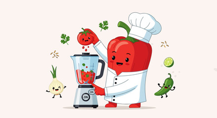 Cheerful Animated Vegetables Cook Together In a Blender Creating a Delicious Recipe Illustration