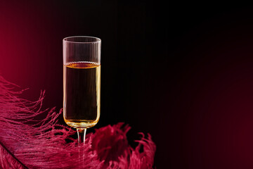 Stylish flute glass with sparkling wine or champagne, surrounded by red feather details on dark luxury background. Beautiful glamorous romantic greeting card