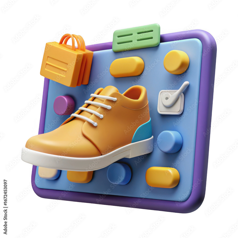 Poster 3d rendering of a tan sneaker with various icons on a blue board isolated on transparent background