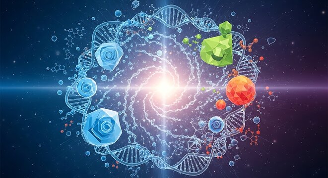 Abstract exposome and multi omics concept with DNA helix molecules and environmental factors affecting human health
