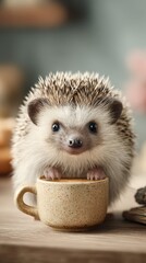 Cute hedgehog sitting in a small cup on a wooden table with warm background