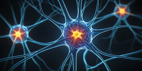 Neurons with glowing synapses firing electrical signals, macro view inside human brain 