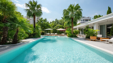 Fototapeta premium stunning summer retreat featuring ultrabright pool surrounded by crystalclear water inviting you to relax