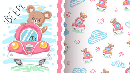 Cute Bear in Pink Car Pattern