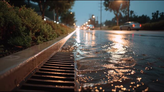 Rainwater pouring into a storm drain on a street at night. Drainage system for urban water management and wet weather. Loopable footage.