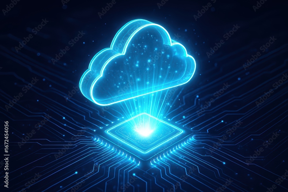 Poster cloud computing digital: a futuristic depiction of cloud computing, showcasing a luminous cloud symb