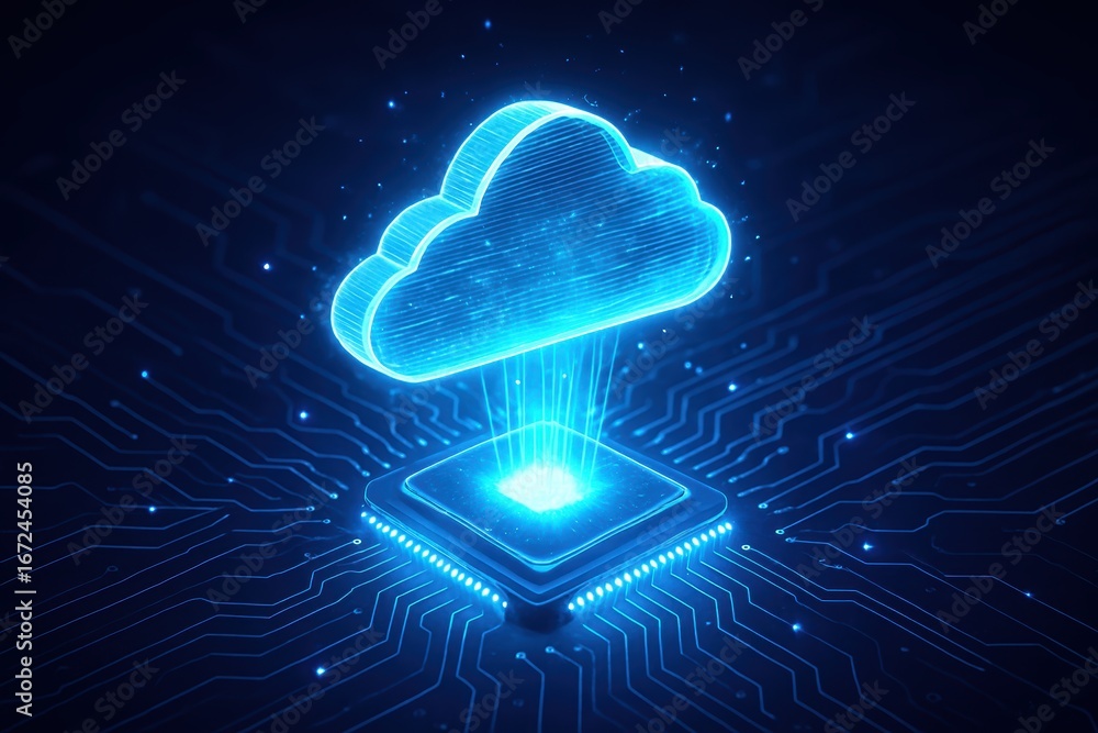 Poster cloud computing concept: a luminous digital cloud hovers above a circuit board, the central processi
