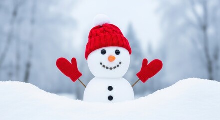 Obraz premium A cheerful snowman with a red knitted hat and mittens sits amidst a snowy landscape, radiating winter joy.