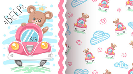 Cute Bear Driving Pink Car