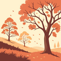Autumnal Vista with Trees and Falling Leaves A Serene Illustration of Fall in a Pastoral Landscape