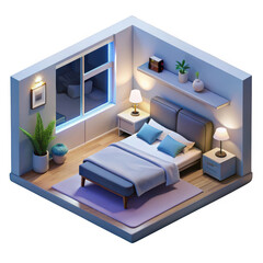 Cozy isometric bedroom scene with bed and window isolated on transparent background