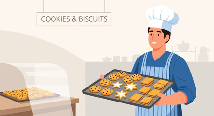 Cheerful Baker Presenting Freshly Baked Cookies And Biscuits On A Baking Tray