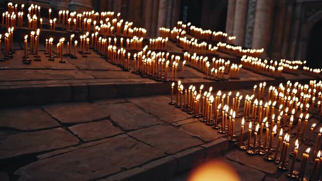 tightly framed shot of numerous wax lights during memorial observance