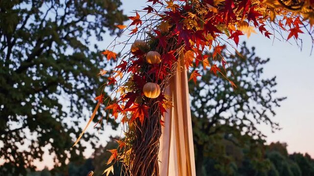 Fall embellishments for the matrimonial ritual. Nuptial arch for location-based wedding ritual, adorned in fall motif Autumn decorations for the wedding ceremony. Wedding arch for off-site wedding ce