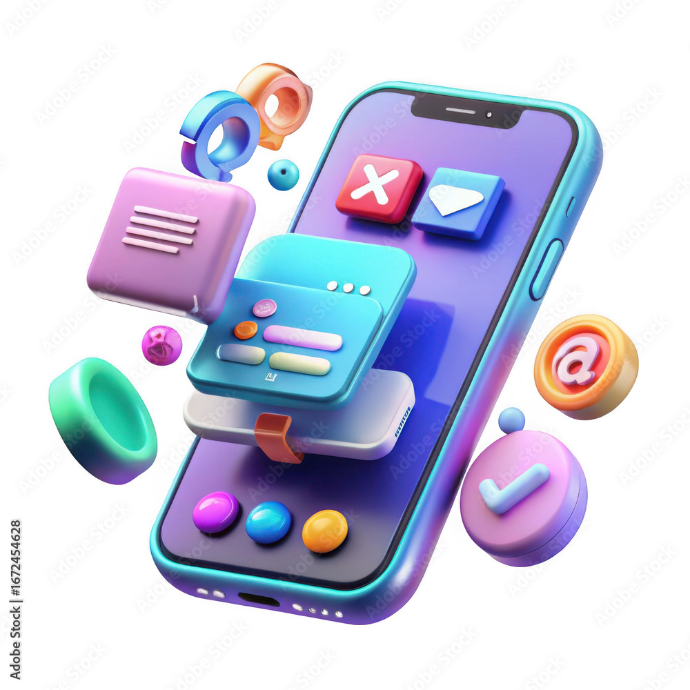 Poster stylized 3d smartphone with floating app icons and ui elements isolated on transparent background