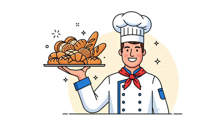 Cheerful Baker Proudly Presenting Freshly Baked Breads and Pastries on a Tray