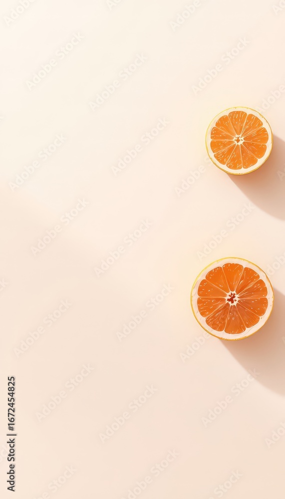 Poster two halves of citrus fruit on a soft light background creating a minimalist and refreshing visual co
