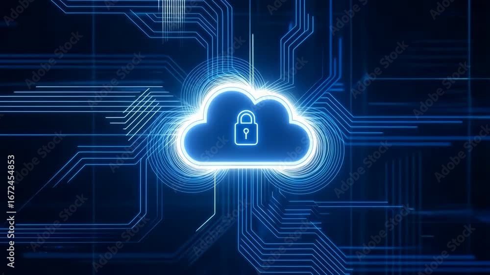 Poster secure cloud computing visualization with padlock icon