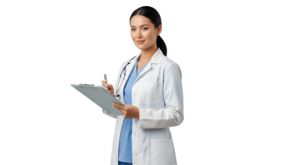 Smiling young woman doctor taking notes on clipboard isolated PNG with Transparent Background
