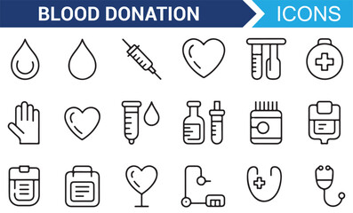 Line Art Icons Representing Blood Donation, Medical Care, and Health