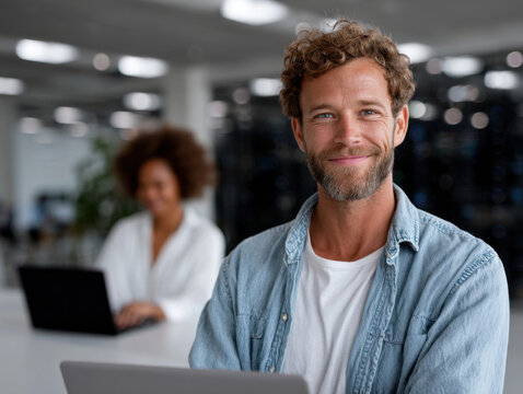 Portrait of smiling male it specialist working on laptop in server room, female colleague in background