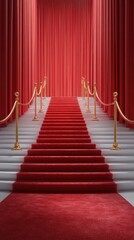 Elegant staircase adorned with a red carpet and golden railings leading to a grand stage