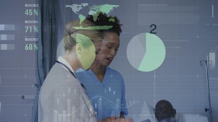 Animation of data processing over diverse female doctor and health worker discussing at hospital - Powered by Adobe