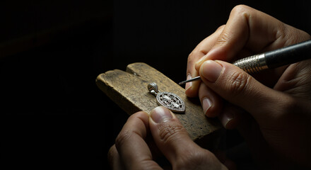 Jeweler carving intricate design on silver pendant in workshop  