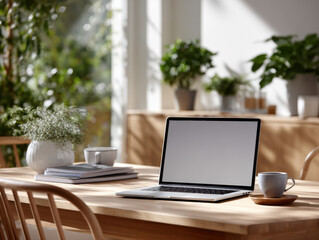 Fototapeta premium Laptop showing blank screen on wooden table in cozy home office with plants