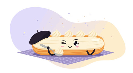 Cheerful Eclair Character With Beret Delights in Its Creamy, Wink-Filled Dessert