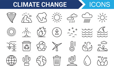 Line Art Icons for Climate Change, Global Warming, and Environmental Impact
