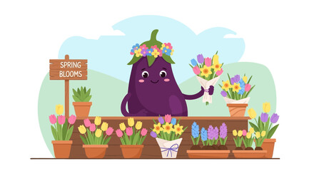 Fototapeta premium Cheerful Eggplant Selling Spring Flowers Blooming In A Sunny And Delightful Garden