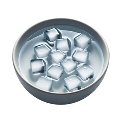 Round clear glass bowl filled with ice cubes isolated on white background, transparent crystal ice in circular glass dish, minimal food and drink