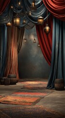 Colorful backdrop with draped fabrics and lanterns in a vintage setting for a festive event