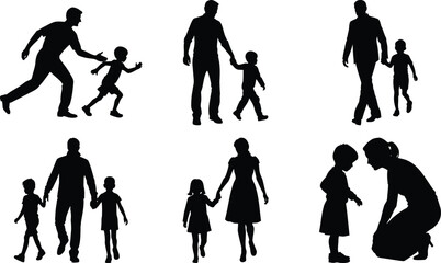 Vector art of father and child silhouettes in various poses, walking and playing together