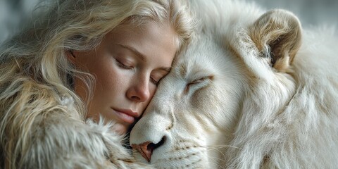Soft bond between woman and white lion in a serene setting during a peaceful moment