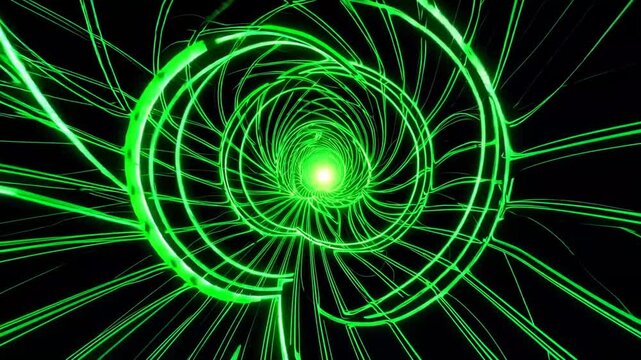 Non-objective backdrop of brilliant emerald glowing energy mystical radial circles of spiral passageways constructed from lines