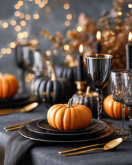 Luxurious Halloween table setting with black plates, golden cutlery, and mini pumpkins as centerpieces, surrounded by candlelight and moody bokeh