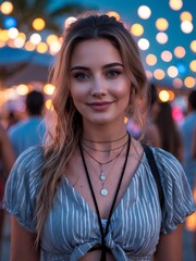 Obraz premium attractive young american gal in gray themed summer wear portrait on beach fun night party background, facing front and slightly smiling