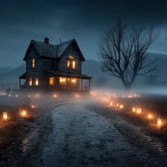 Haunted House with Halloween Lights and Fog - USA Holiday Concept 