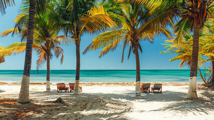 Obraz premium Tropical beach scene with palm trees and lounge chairs under a clear blue sky