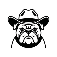 Silhouette vector illustration of a bulldog head wearing a cowboy hat. Western style dog graphic design perfect for logos, mascots, prints, and vintage-themed artwork.