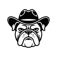 Silhouette vector illustration of a bulldog head wearing a cowboy hat. Western style dog graphic design perfect for logos, mascots, prints, and vintage-themed artwork.