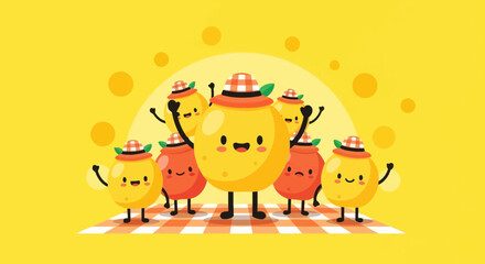 Naklejka premium Cheerful Fruit Characters Gathering on a Picnic, Embracing Good Vibes and Happiness Altogether