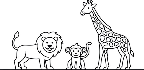Cute African Safari Animals: Lion, Monkey, Giraffe Line Art Illustration