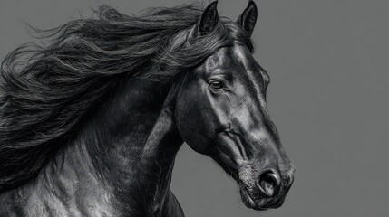 Majestic black horse with flowing mane captured in dynamic profile against neutral background
