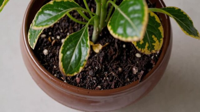 Verdant Flora Exhibiting Chlorotic Foliage is Situated in Container With Growth Medium for Cultivation and Maintenance