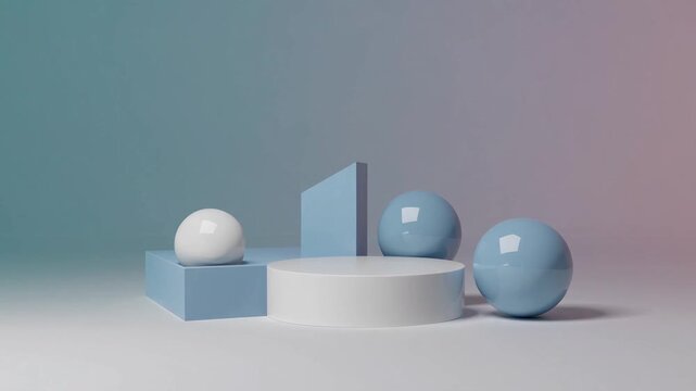 collection of soft-hued geometric forms arranged in abstract pattern as background setting, three-dimensional scene featuring blue and white toned platform and stand structure, unoccupied presentatio