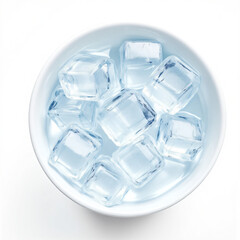 Round clear glass bowl filled with ice cubes isolated on white background, transparent crystal ice in circular glass dish, minimal food and drink